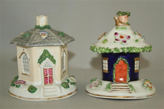 Two Staffordshire porcelain two section toll house pastille burners, mid 19th century, 11.5 - 12cm